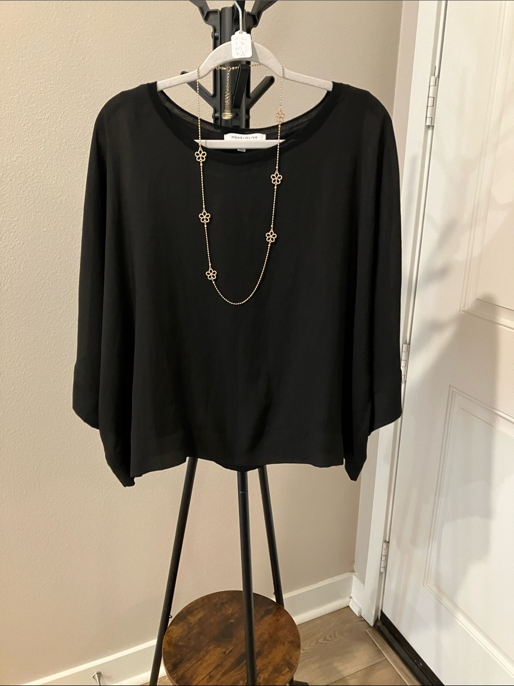 Rose & Olive Black Boxy Drop-Shoulder Blouse